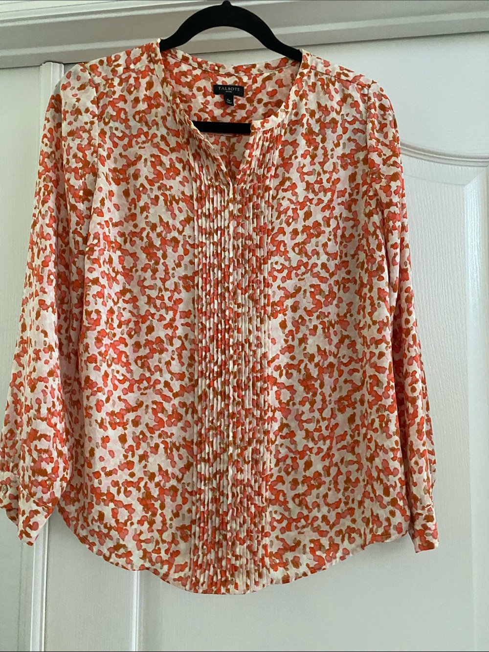 Talbots White and Orange Floral Pintuck Front Blouse